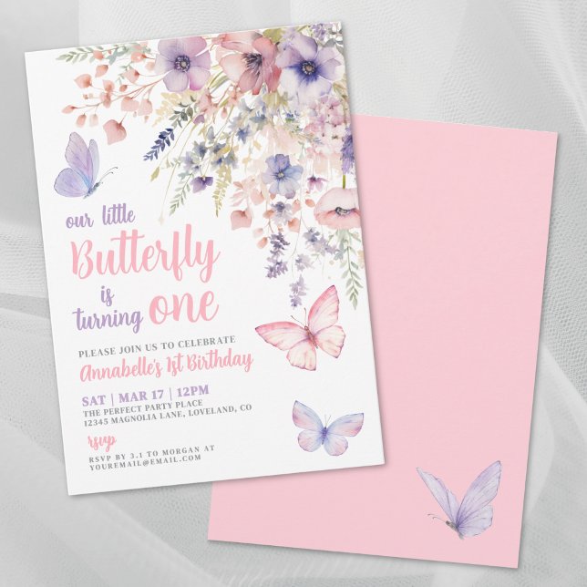 Invitación Cumpleaños de Little Butterfly Pink Girl's 1 (Our Little Butterfly Girl's Pink Birthday Party Invitation)