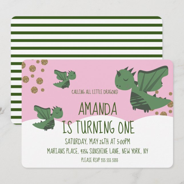 Invitación Cumpleaños de Little Dragons Glitter and Clouds (Anverso / Reverso)