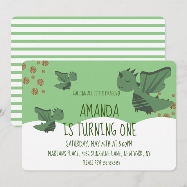 Invitación Cumpleaños de Little Dragons Glitter and Clouds (Anverso / Reverso)