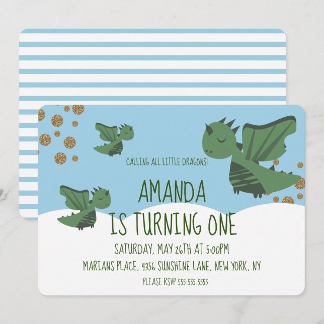 Invitación Cumpleaños de Little Dragons Glitter y Clouds (Anverso / Reverso)