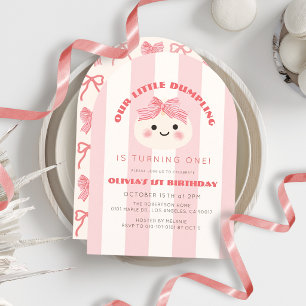 Invitación Cumpleaños de Little Dumpling Pink Bow Stripes Gir