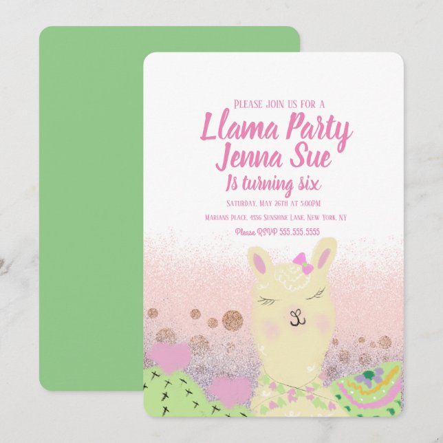 Invitación Cumpleaños de Llama Brillante Doodle Colorido (Anverso / Reverso)