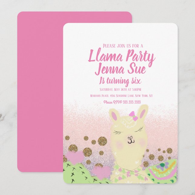Invitación Cumpleaños de Llama Brillante Doodle Colorido (Anverso / Reverso)