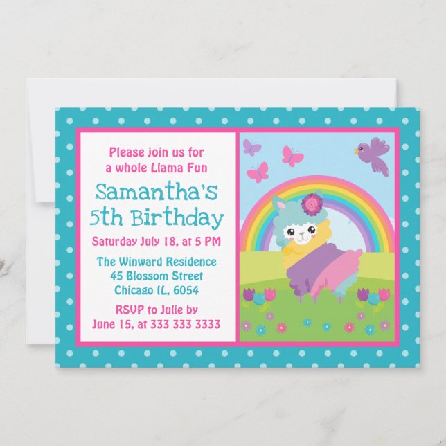 Invitación Cumpleaños de Llama del Arcoíris Floral Lindo de P (Anverso)