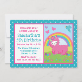 Invitación Cumpleaños de Llama Rosa Floral Lindo Arcoíris