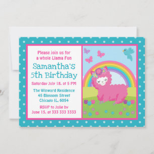 Invitación Cumpleaños de Llama Rosa Floral Lindo Arcoíris