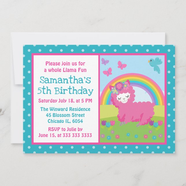 Invitación Cumpleaños de Llama Rosa Floral Lindo Arcoíris (Anverso)