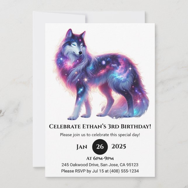 Invitación Cumpleaños de lobo de galaxia soñadora (Anverso)