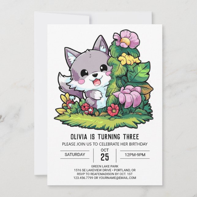 Invitación Cumpleaños de lobo digital editable colorido (Anverso)