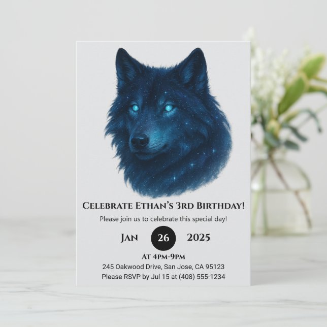 Invitación Cumpleaños de Lobo Estelar Místico (Anverso de pie)