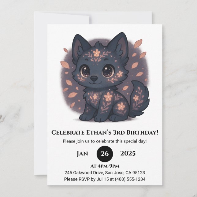 Invitación Cumpleaños de lobo floral lindo (Anverso)