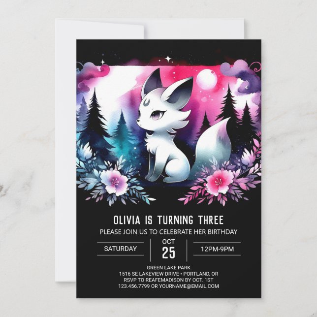 Invitación Cumpleaños de Lobo Mágico de Acuarela (Anverso)