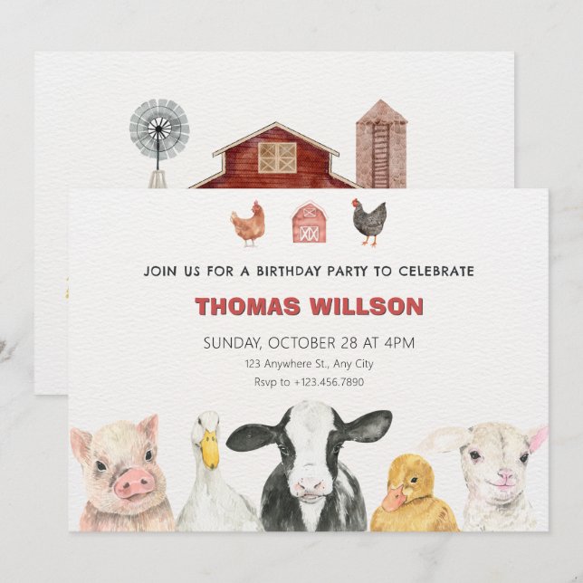 Invitación Cumpleaños de los animales de granja (Anverso / Reverso)