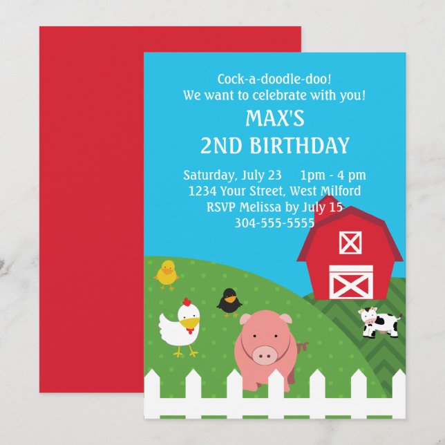 Invitación Cumpleaños de los animales del corral (Anverso / Reverso)
