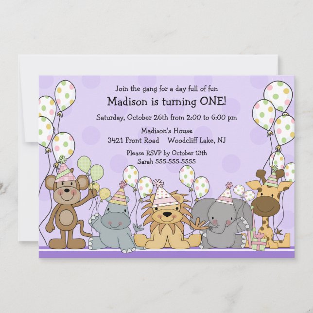Invitación Cumpleaños de los animales del safari de los (Anverso)