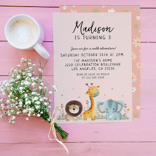 Invitación Cumpleaños de los Animales Salvajes Girly Fiesta