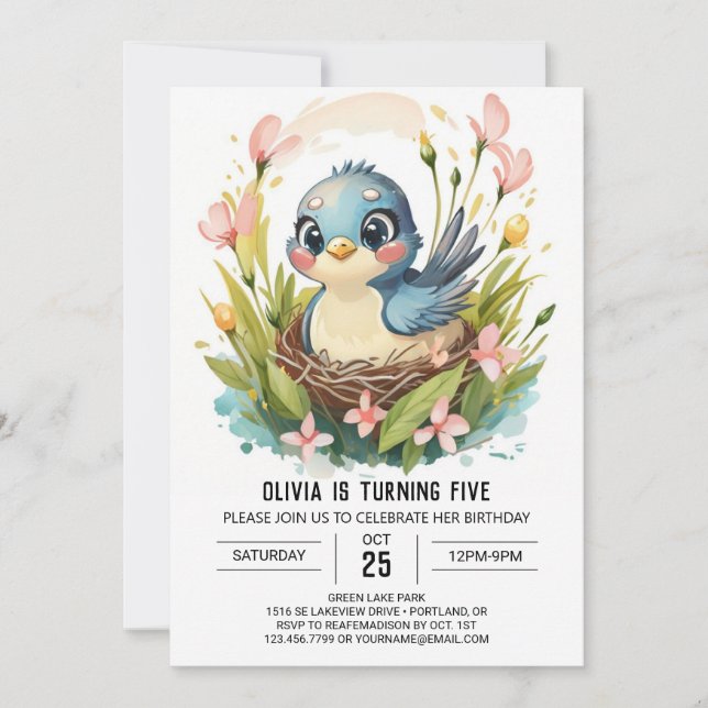 Invitación Cumpleaños de los Aves Forestales Infantiles (Anverso)
