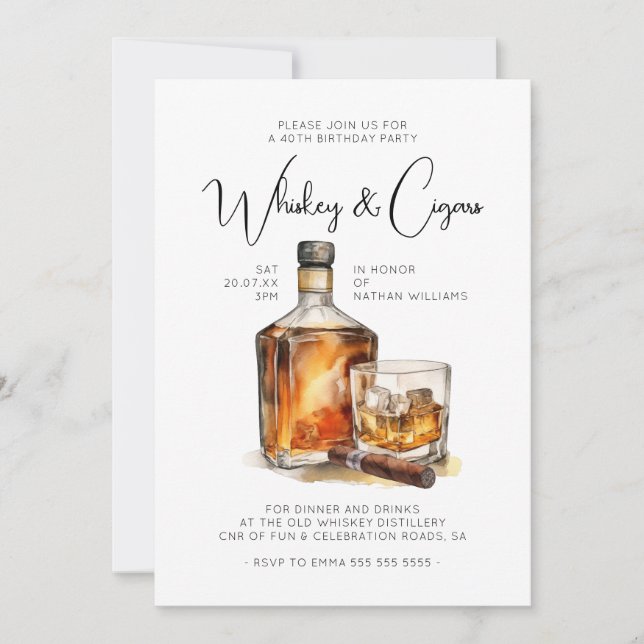 Invitación Cumpleaños de los Caballeros de Whiskey y Cigars (Anverso)