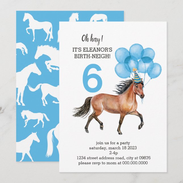 Invitación Cumpleaños de los Caballos Azules //Oh Hay, es tu  (Anverso / Reverso)