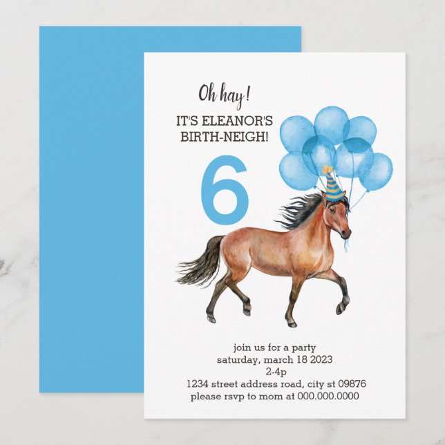 Invitación Cumpleaños de los Caballos Azules //Oh Hay, es tu  (Anverso / Reverso)