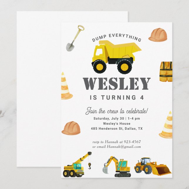 Invitación Cumpleaños de los camiones de construcción (Anverso / Reverso)