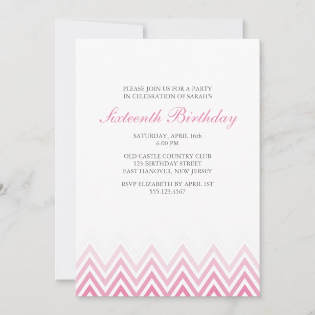 Invitación Cumpleaños de los Chevrons de Ombre Rosa (Anverso)