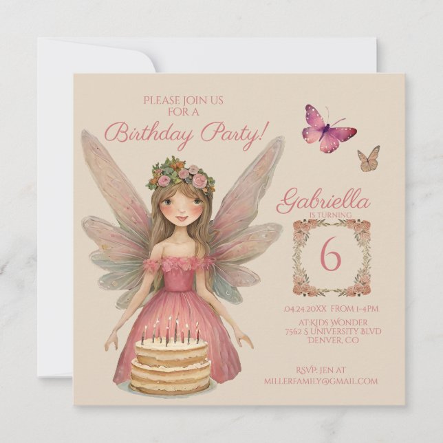 Invitación Cumpleaños de los Chicas de hadas rosadas (Anverso)