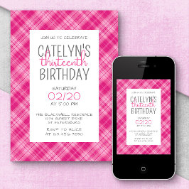 Invitación Cumpleaños de los Chicas de Plaid Rosado Caliente