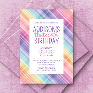 Invitación Cumpleaños de los Chicas de Rainbow Plaid