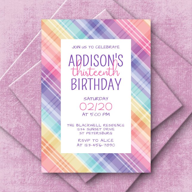 Invitación Cumpleaños de los Chicas de Rainbow Plaid (Subido por el creador)