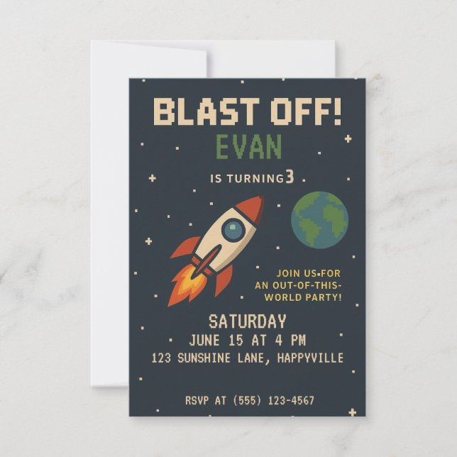 Invitación Cumpleaños de los chicos - cohete espacial al aire (Anverso)