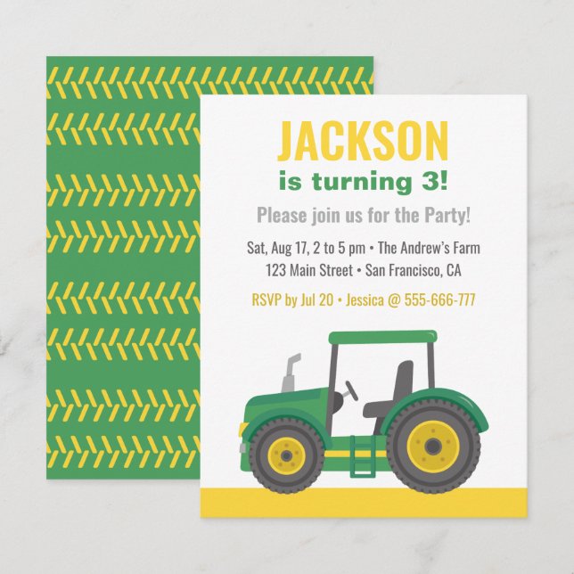Invitación Cumpleaños de los chicos del tractor verde (Anverso / Reverso)