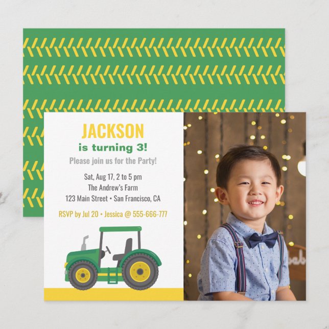 Invitación Cumpleaños de los chicos del tractor verde con fot (Anverso / Reverso)