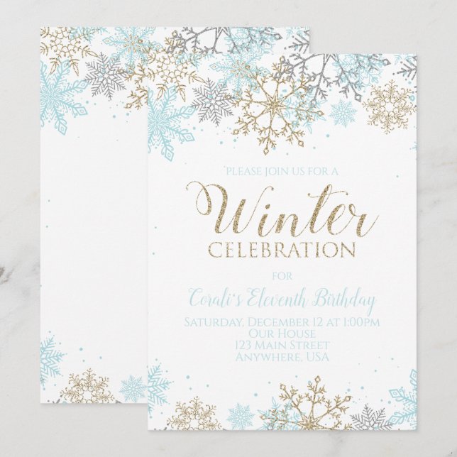 Invitación Cumpleaños de los Copos de Nieve Plata de Oro Azul (Anverso / Reverso)