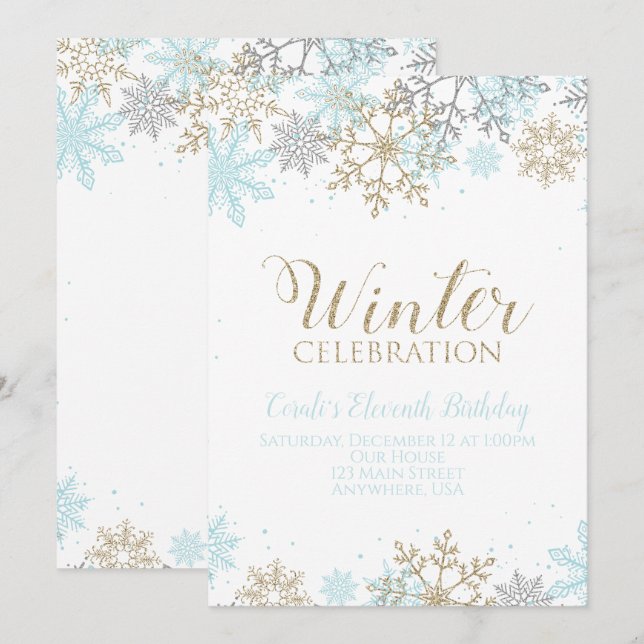 Invitación Cumpleaños de los Copos de Nieve Plata de Oro Azul (Anverso / Reverso)