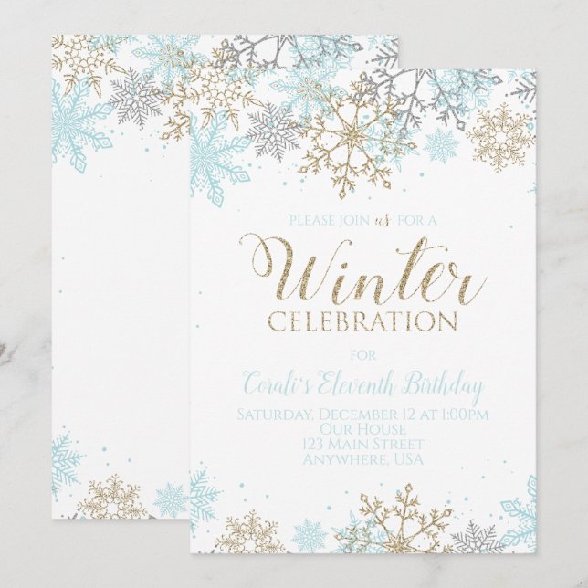Invitación Cumpleaños de los Copos de Nieve Plata de Oro Azul (Anverso / Reverso)