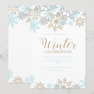 Invitación Cumpleaños de los Copos de Nieve Plata de Oro Azul