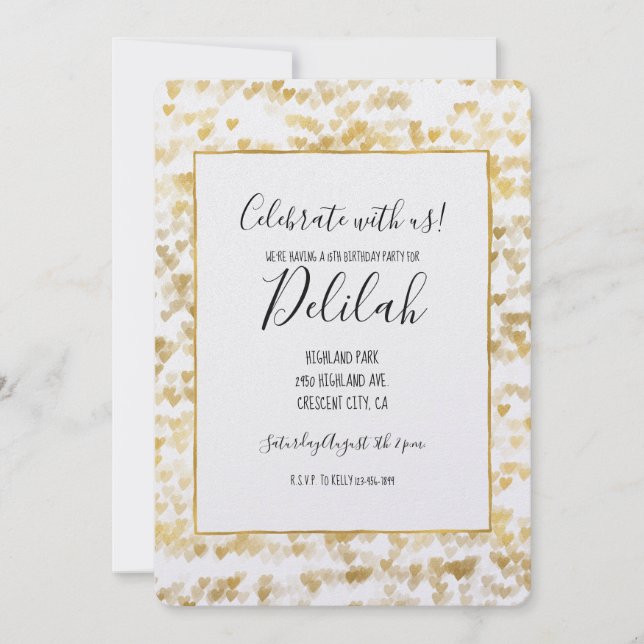 Invitación Cumpleaños de los corazones dorados (Anverso)