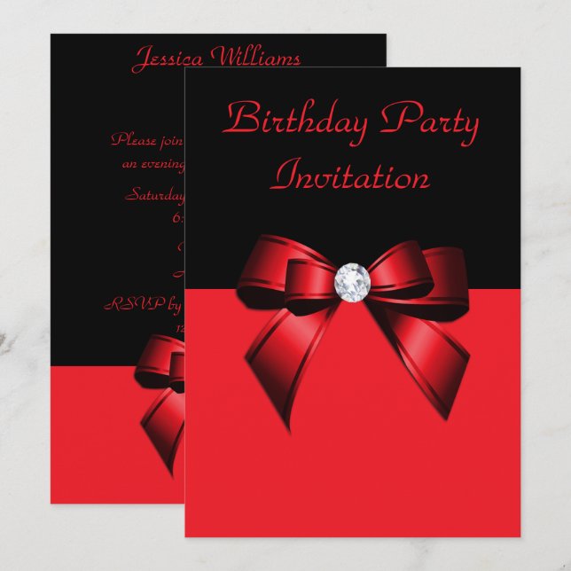 Invitación Cumpleaños de los diamantes negros y rojos de Boni (Anverso / Reverso)