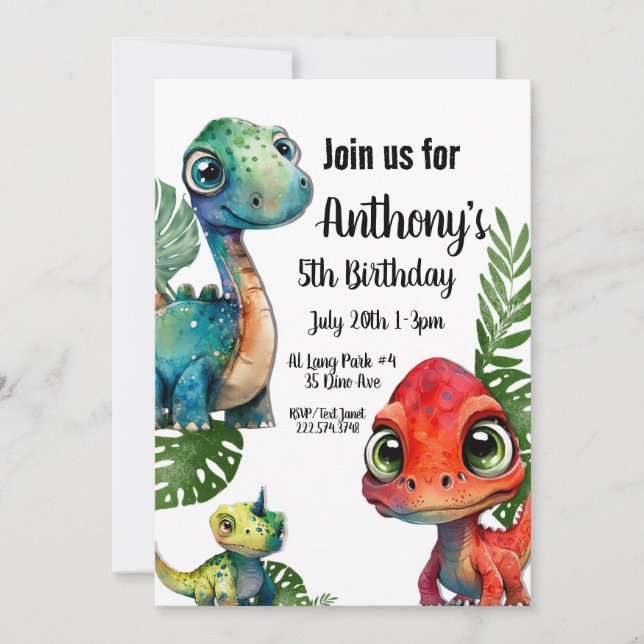 Invitación Cumpleaños de los dinosaurios, (Anverso)