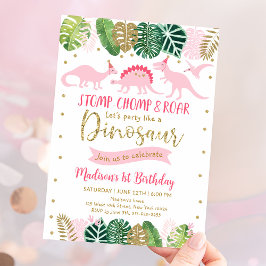 Invitación Cumpleaños de los dinosaurios Chicas rosados y dor