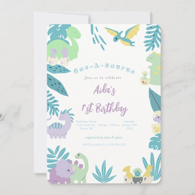 Invitación Cumpleaños de los dinosaurios de One-A-Saurus (Anverso)