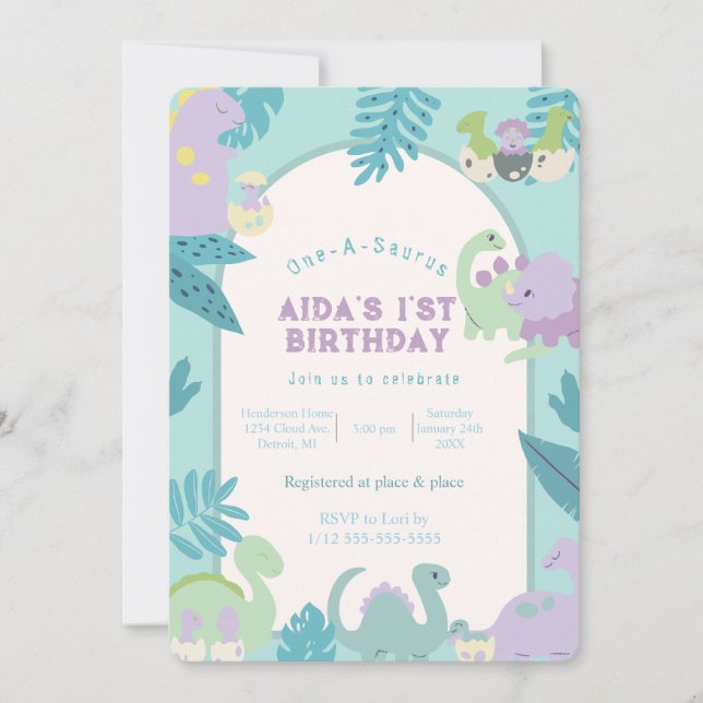 Invitación Cumpleaños de los dinosaurios de One-A-Saurus (Anverso)