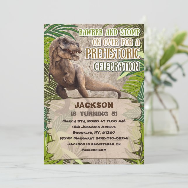 Invitación Cumpleaños de los dinosaurios del Parque Jurásico (Anverso de pie)