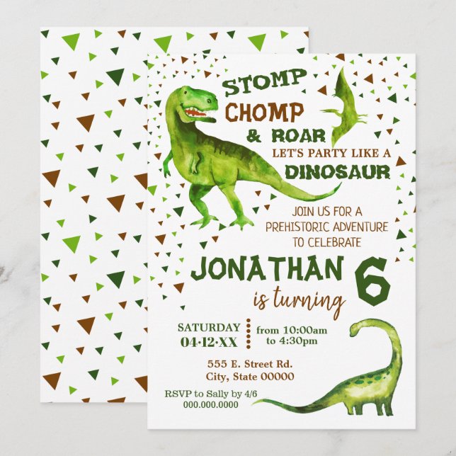 Invitación Cumpleaños de los dinosaurios fiesta prehistórico  (Anverso / Reverso)