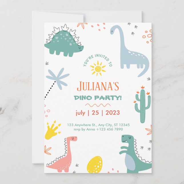 Invitación Cumpleaños De Los Dinosaurios Infantiles naranjas  (Anverso)