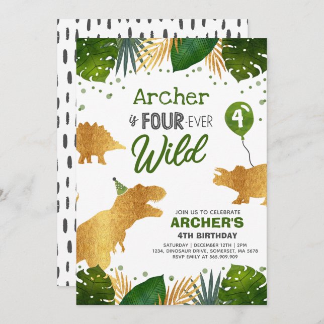 Invitación Cumpleaños de los dinosaurios invita a cuatro Fies (Anverso / Reverso)