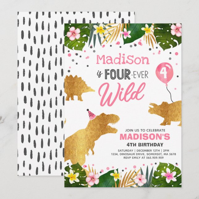 Invitación Cumpleaños de los dinosaurios invita a cuatro Fies (Anverso / Reverso)