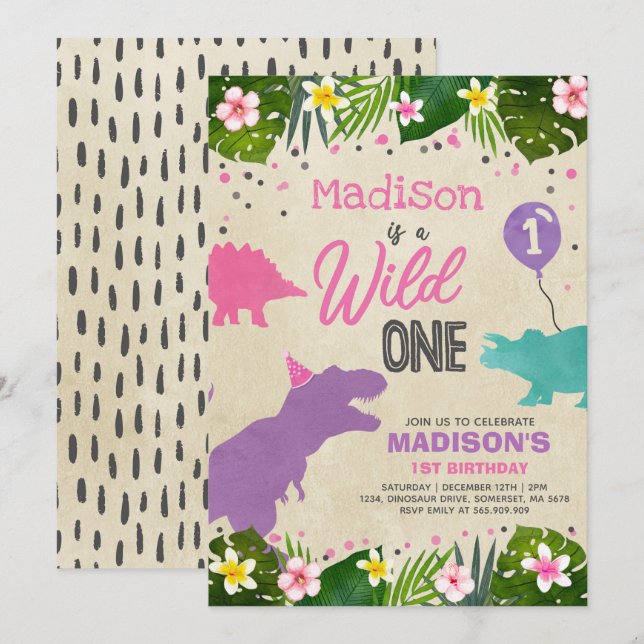 Invitación Cumpleaños de los dinosaurios invita a Fiesta de d (Anverso / Reverso)
