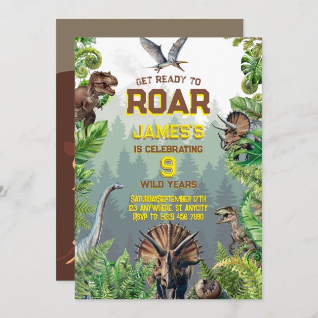 Invitación Cumpleaños de los dinosaurios realistas modernos e (Anverso / Reverso)